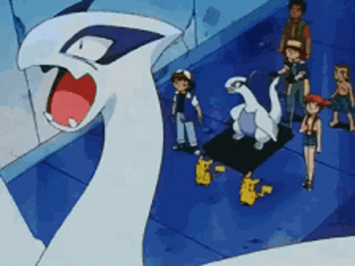 A Group Of Cartoon Characters Are Standing Around A Large White Swan GIF