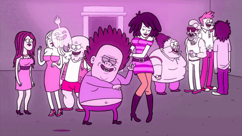 A Group Of Cartoon Characters Are Standing Around A Man In A Purple Dress GIF