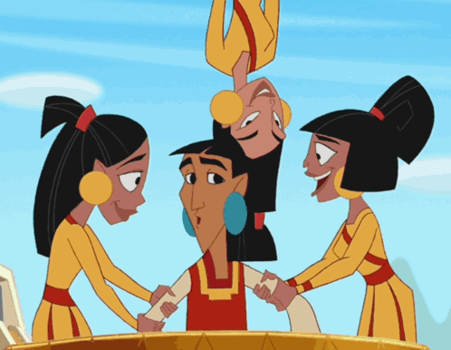 A Group Of Cartoon Characters Are Standing Around A Man In A Red Shirt GIF