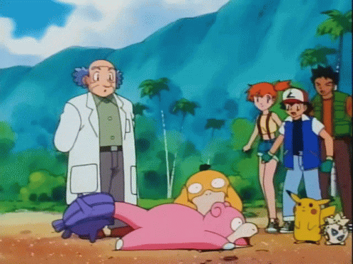 A Group Of Cartoon Characters Are Standing Around A Pink Pokemon Laying On The Ground GIF