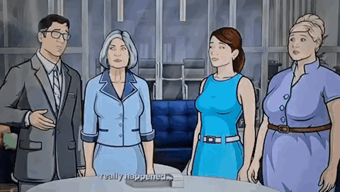 A Group Of Cartoon Characters Are Standing Around A Table . GIF