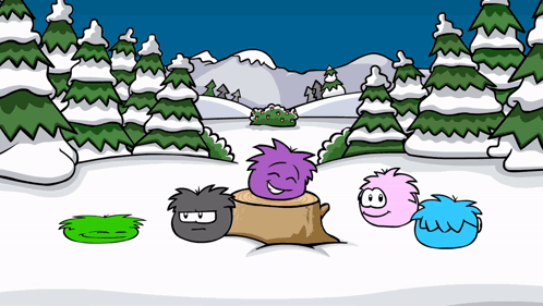 A Group Of Cartoon Characters Are Standing Around A Tree Stump In A Snowy Forest GIF