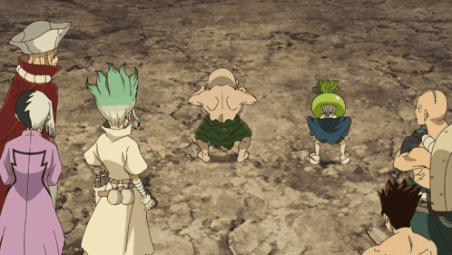 A Group Of Cartoon Characters Are Standing In A Circle And One Of Them Has A Green Fan On His Head GIF