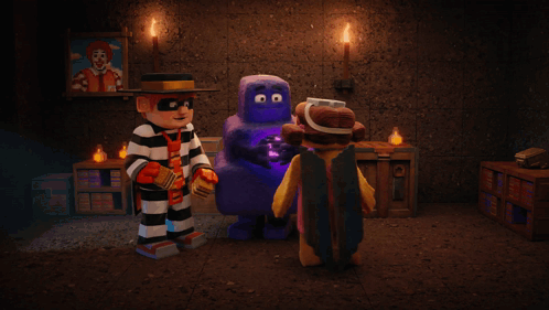 A Group Of Cartoon Characters Are Standing In A Dark Room With A Picture Of Mcdonald 'S In The Background GIF