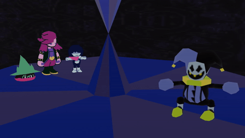 A Group Of Cartoon Characters Are Standing In A Dark Room With A Purple Background GIF