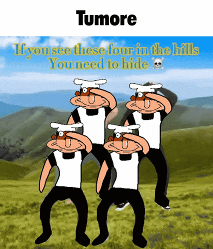 A Group Of Cartoon Characters Are Standing In A Field With The Words Tumore On The Top GIF
