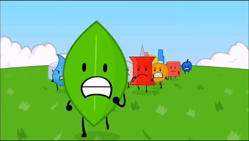 A Group Of Cartoon Characters Are Standing In A Grassy Field And One Of Them Is A Green Leaf . GIF