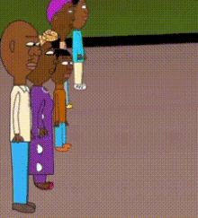 a group of cartoon characters are standing in a line