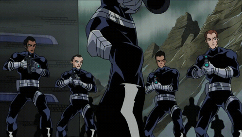 A Group Of Cartoon Characters Are Standing In A Line GIF