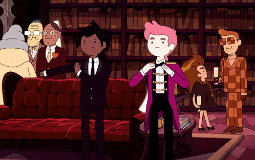 A Group Of Cartoon Characters Are Standing In A Room GIF