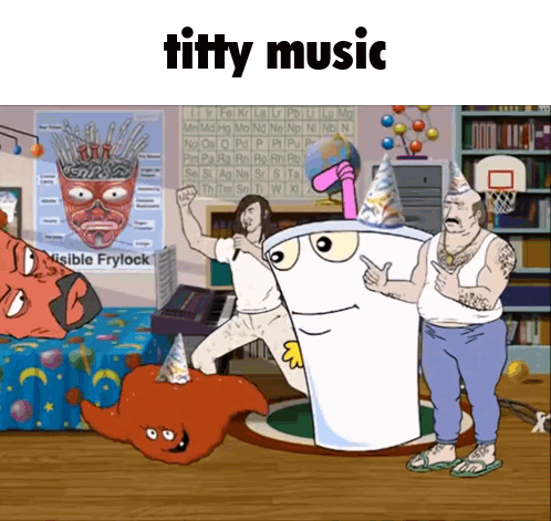 Cartoon Characters Standing With Titty Music Text GIF