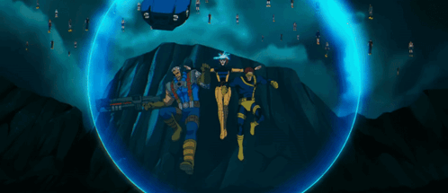 A Group Of Cartoon Characters Are Standing In Front Of A Blue Shield GIF