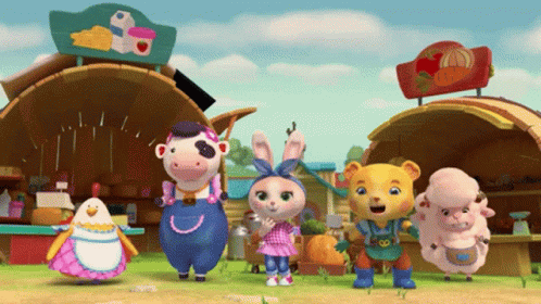 A Group Of Cartoon Characters Are Standing In Front Of A Building With A Sign That Says Cheese GIF