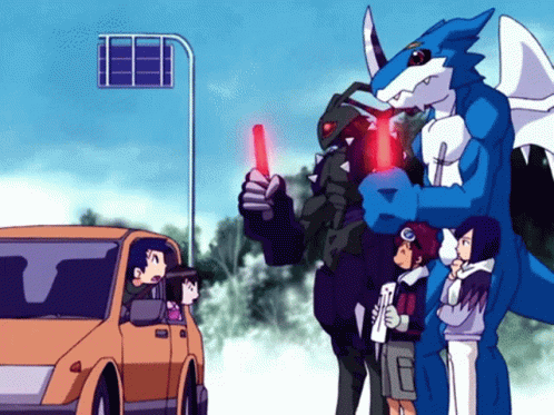 A Group Of Cartoon Characters Are Standing In Front Of A Car And One Of Them Is Holding A Red Light GIF
