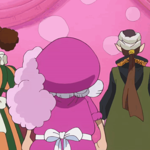 A Group Of Cartoon Characters Are Standing In Front Of A Pink Background GIF