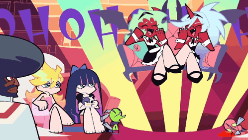 a group of cartoon characters are standing in front of a sign that says ho