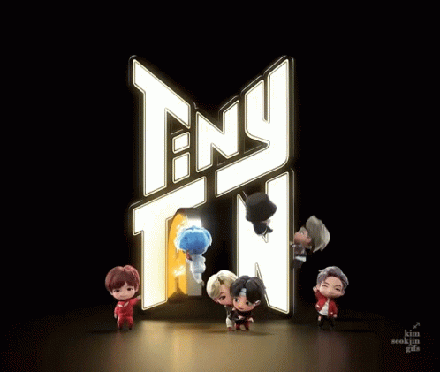 A Group Of Cartoon Characters Are Standing In Front Of A Sign That Says " Tiny Tan " GIF