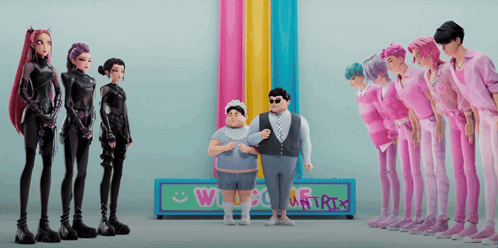 A Group Of Cartoon Characters Are Standing In Front Of A Sign That Says " Welcome " GIF