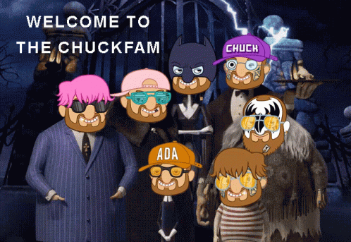 A Group Of Cartoon Characters Are Standing In Front Of A Sign That Says " Welcome To The Chuck Fam " GIF