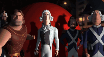 A Group Of Cartoon Characters Are Standing Next To Each Other And One Of Them Has The Letter J On His Hat GIF