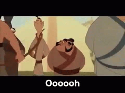 A Group Of Cartoon Characters Are Standing Next To Each Other And One Of Them Is Holding A Stick . GIF
