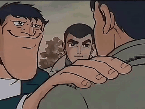 A Group Of Cartoon Characters Are Standing Next To Each Other And One Of Them Is Hugging Another . GIF