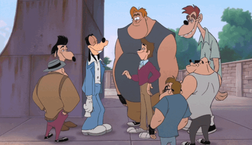 A Group Of Cartoon Characters Are Standing Next To Each Other And One Of Them Is Named Goofy GIF