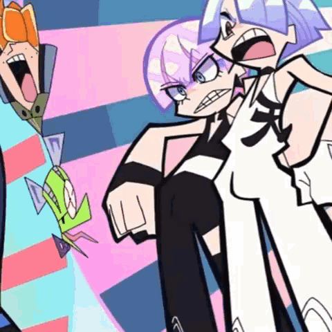 A Group Of Cartoon Characters Are Standing Next To Each Other And One Of Them Is Pointing At The Camera . GIF