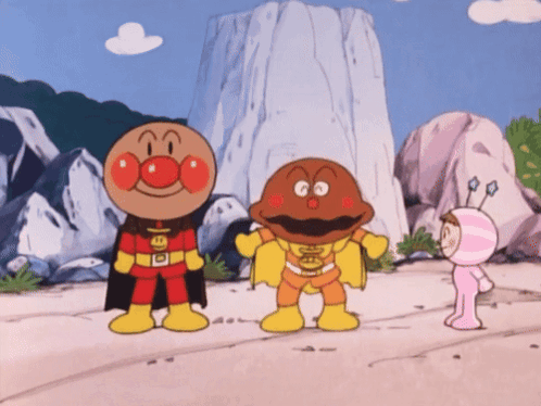 A Group Of Cartoon Characters Are Standing Next To Each Other And One Of Them Is Wearing A Cape That Says Anpanman GIF