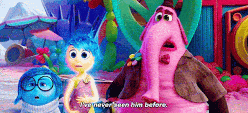 A Group Of Cartoon Characters Are Standing Next To Each Other And One Of Them Says `` I 'Ve Never Seen Him Before '' GIF