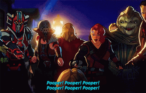 A Group Of Cartoon Characters Are Standing Next To Each Other And One Of Them Says Pooper Pooper Pooper Pooper Pooper GIF