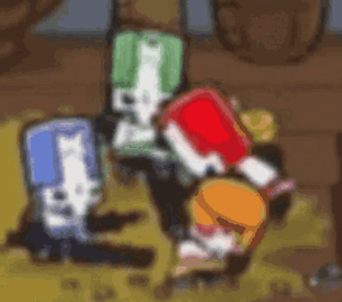 A Group Of Cartoon Characters Are Standing Next To Each Other In A Blurred Image . GIF