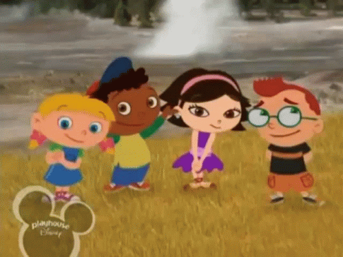 A Group Of Cartoon Characters Are Standing Next To Each Other In A Field In Front Of A Hot Spring . GIF