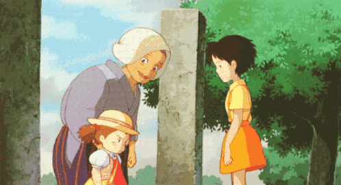 A Group Of Cartoon Characters Are Standing Next To Each Other In A Forest GIF