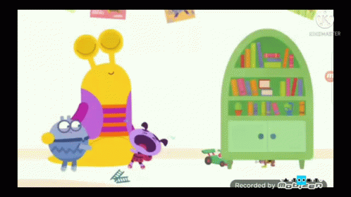 A Group Of Cartoon Characters Are Standing Next To Each Other In A Room . GIF