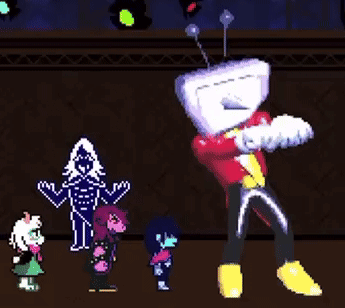 A Group Of Cartoon Characters Are Standing Next To Each Other In A Room . GIF