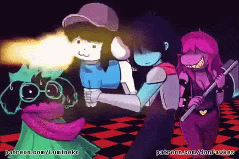 A Group Of Cartoon Characters Are Standing Next To Each Other In A Room . GIF