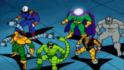 A Group Of Cartoon Characters Are Standing Next To Each Other In A Room GIF