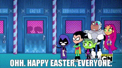 A Group Of Cartoon Characters Are Standing Next To Each Other In Front Of A Building With A Sign That Says Easter . GIF