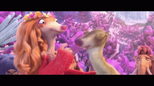 A Group Of Cartoon Characters Are Standing Next To Each Other In Front Of A Pink Background . GIF