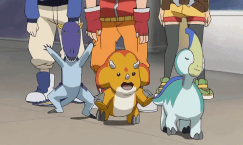 a group of cartoon characters are standing next to each other including a triceratops