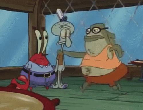 A Group Of Cartoon Characters Are Standing Next To Each Other Including Squidward And Mrs. Krabs GIF