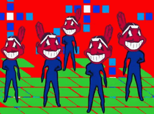 A Group Of Cartoon Characters Are Standing Next To Each Other On A Green Tiled Floor . GIF