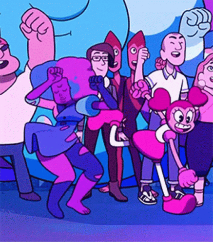 A Group Of Cartoon Characters Are Standing Next To Each Other On A Purple Background . GIF