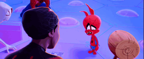 A Group Of Cartoon Characters Are Standing Next To Each Other On A Purple Background . GIF