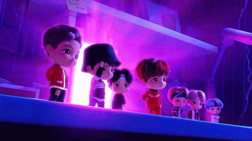 A Group Of Cartoon Characters Are Standing Next To Each Other On A Purple Background . GIF