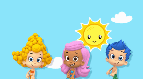 A Group Of Cartoon Characters Are Standing Next To Each Other With A Moon And Sun In The Background GIF
