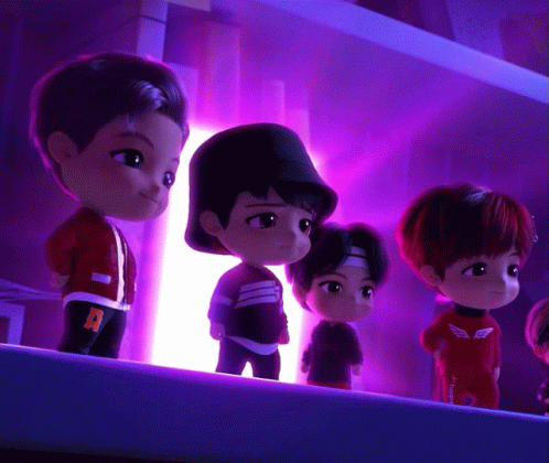 A Group Of Cartoon Characters Are Standing Next To Each Other With One Wearing A Red Jacket With The Letter R On It GIF