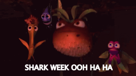 A Group Of Cartoon Characters Are Standing Next To Each Other With The Words Shark Week Ooh Ha Ha On The Bottom GIF