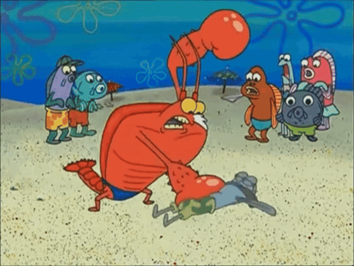 A Group Of Cartoon Characters Are Standing On A Beach Including A Lobster GIF